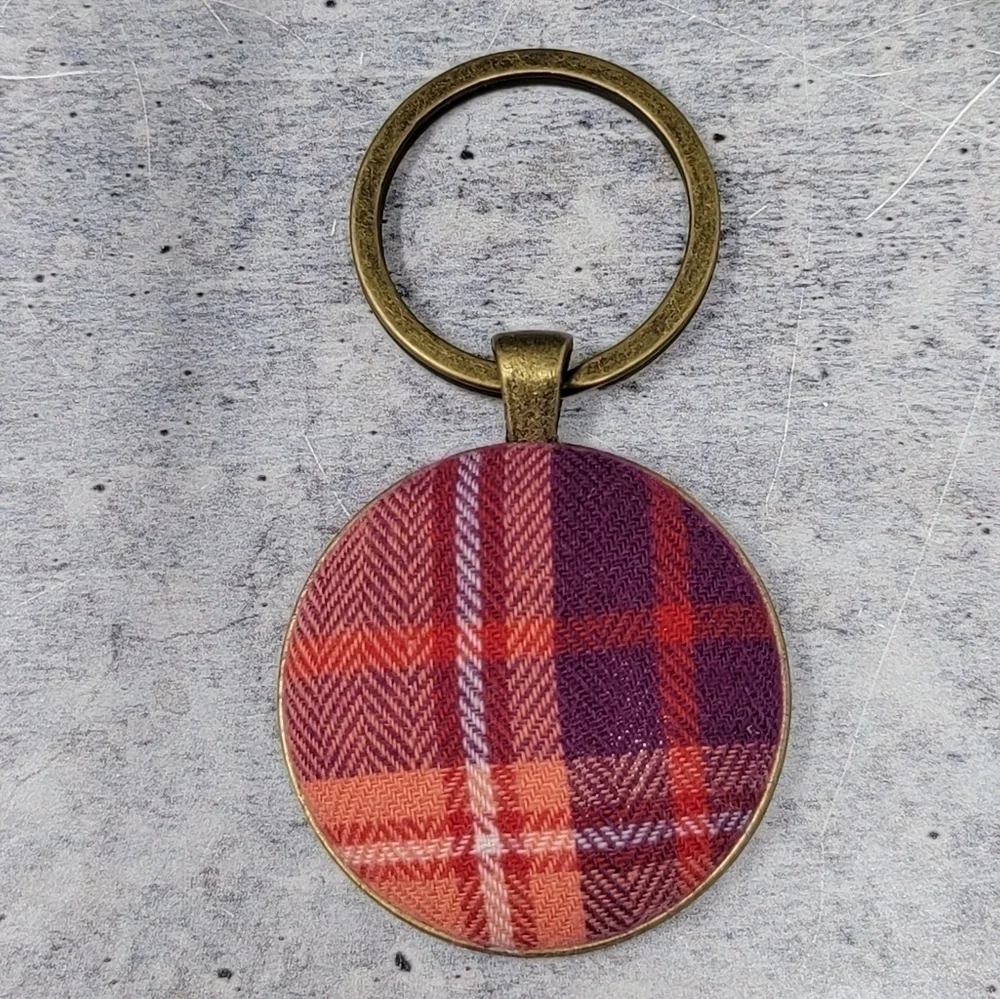 New Handmade | Peach Purple Plaid Fabric Button Keychain